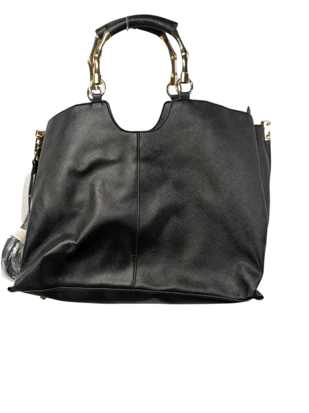Women's Black Tote Bag Gold Bamboo Handles Structured Shoulder Bag NWOT